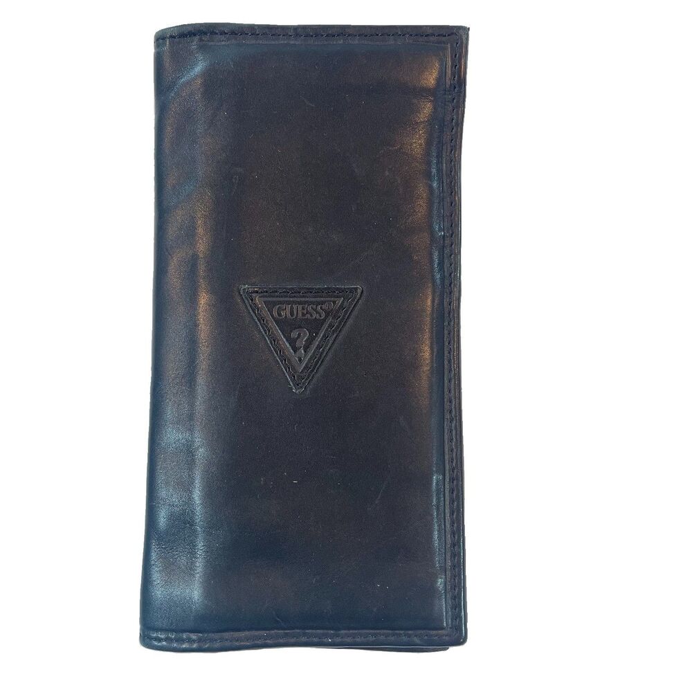 Vintage Guess Bi-Fold Black Leather Wallet ID Card Slots Soft 7”